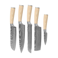 Couteaux Shinrai - Ensemble 5 pièces Akari Damascus Print - Couteau de chef + Couteau à pain + Nakiri + Santoku + Couteau d'office