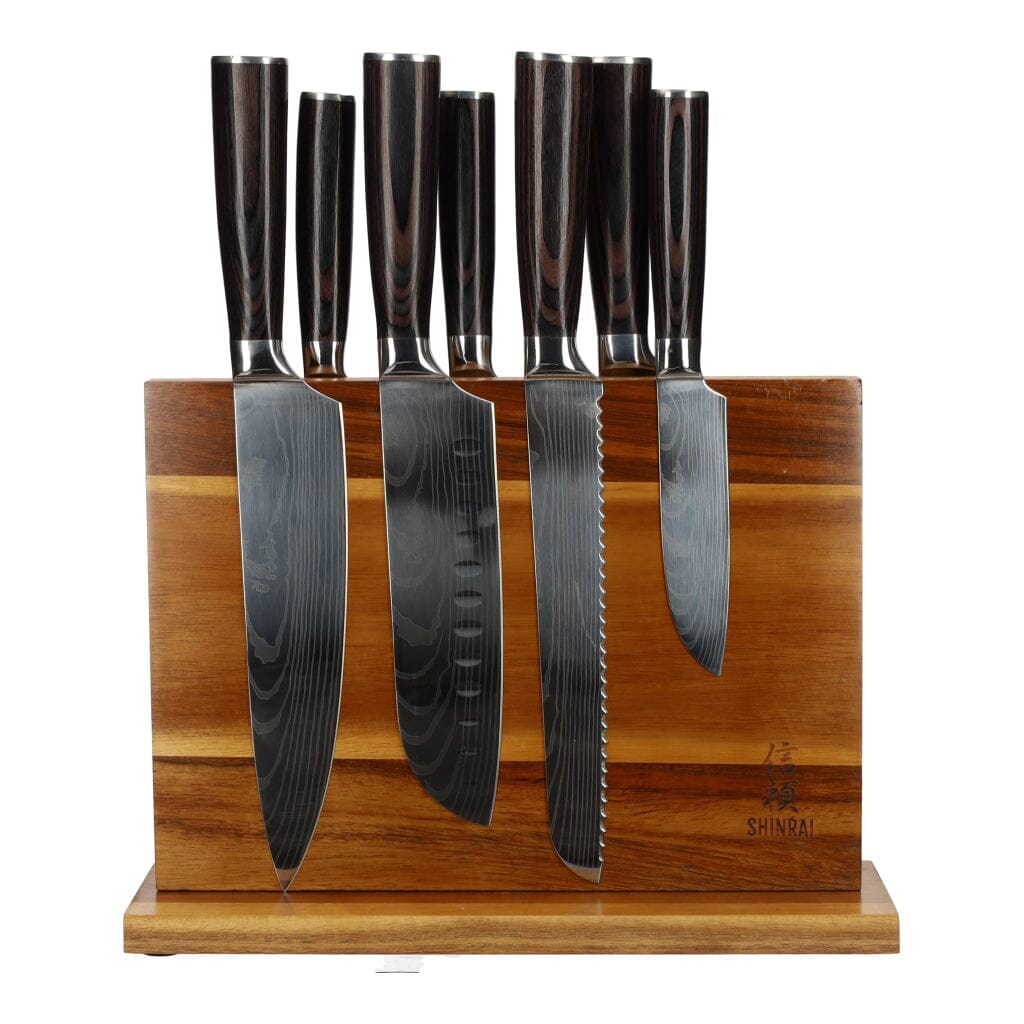 Coffret de 7 couteaux à motif damassé + bloc magnétique pour couteaux Shinrai