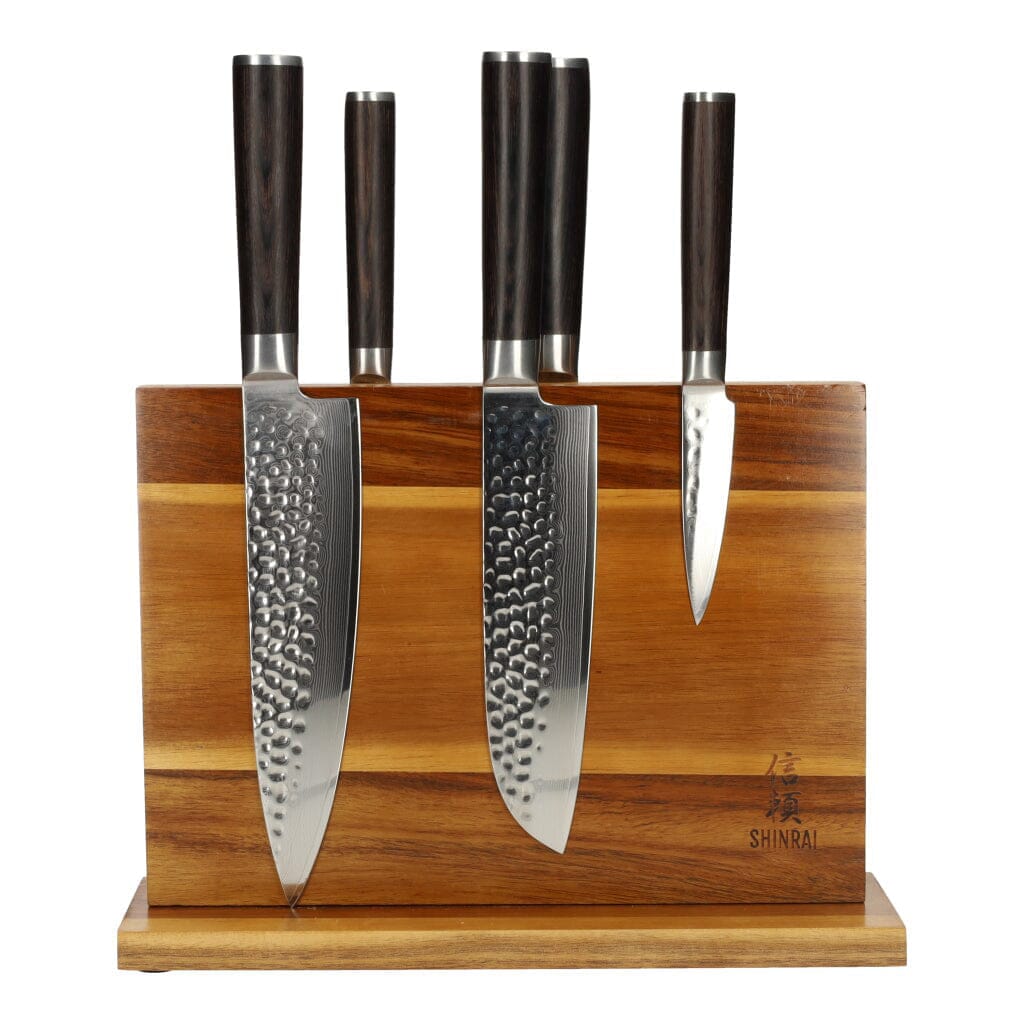Ensemble de 5 couteaux en acier damassé martelé BR + bloc magnétique pour couteaux Shinrai