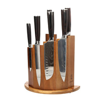 Couteaux Shinrai - Coffret de 7 couteaux à motif damassé + bloc magnétique ; Couteaux Scalae - Coffret de couteaux en bois d'acacia avec bloc ; Couteaux Shinrai