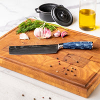 Couteaux Shinrai - Coffret de 5 couteaux en résine époxy saphir à motif damassé - Couteau de chef + Couteau à pain + Nakiri + Petit Santoku + Couteau d'office