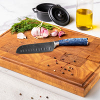 Couteaux Shinrai - Coffret de 5 couteaux en résine époxy saphir à motif damassé - Couteau de chef + Couteau à pain + Nakiri + Santoku + Couteau d'office