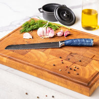 Couteaux Shinrai - Coffret de 5 couteaux en résine époxy saphir à motif damassé - Couteau de chef + Couteau à pain + Nakiri + Santoku + Couteau d'office