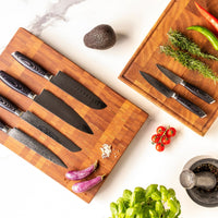 Couteaux Shinrai - Coffret de 6 couteaux en bois de Damas Pakka + bloc à couteaux - Coffret de couteaux rotatifs avec bloc - Couteaux Shinrai