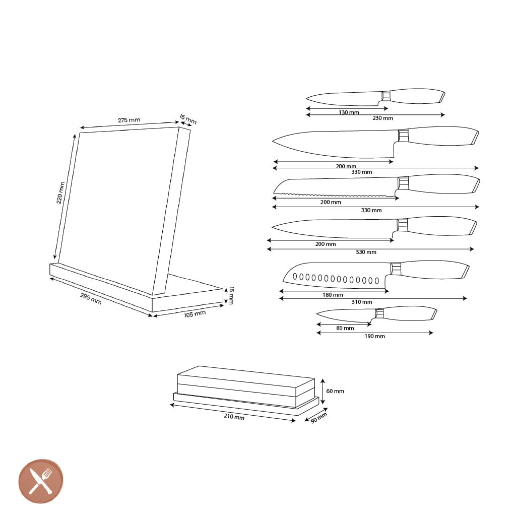Couteaux Shinrai - Coffret de 6 couteaux en bois de Damas Pakka + bloc à couteaux + pierre à aiguiser