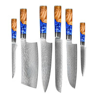 Couteaux Shinrai - Coffret de 6 couteaux en résine époxy saphir + bloc à couteaux - Couteaux Shinrai découpés à l'emporte-pièce