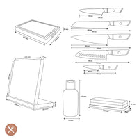 Couteaux Shinrai - Coffret complet Hikari Damas - Ensemble de couteaux complet avec bloc, planche à découper et pierre à aiguiser