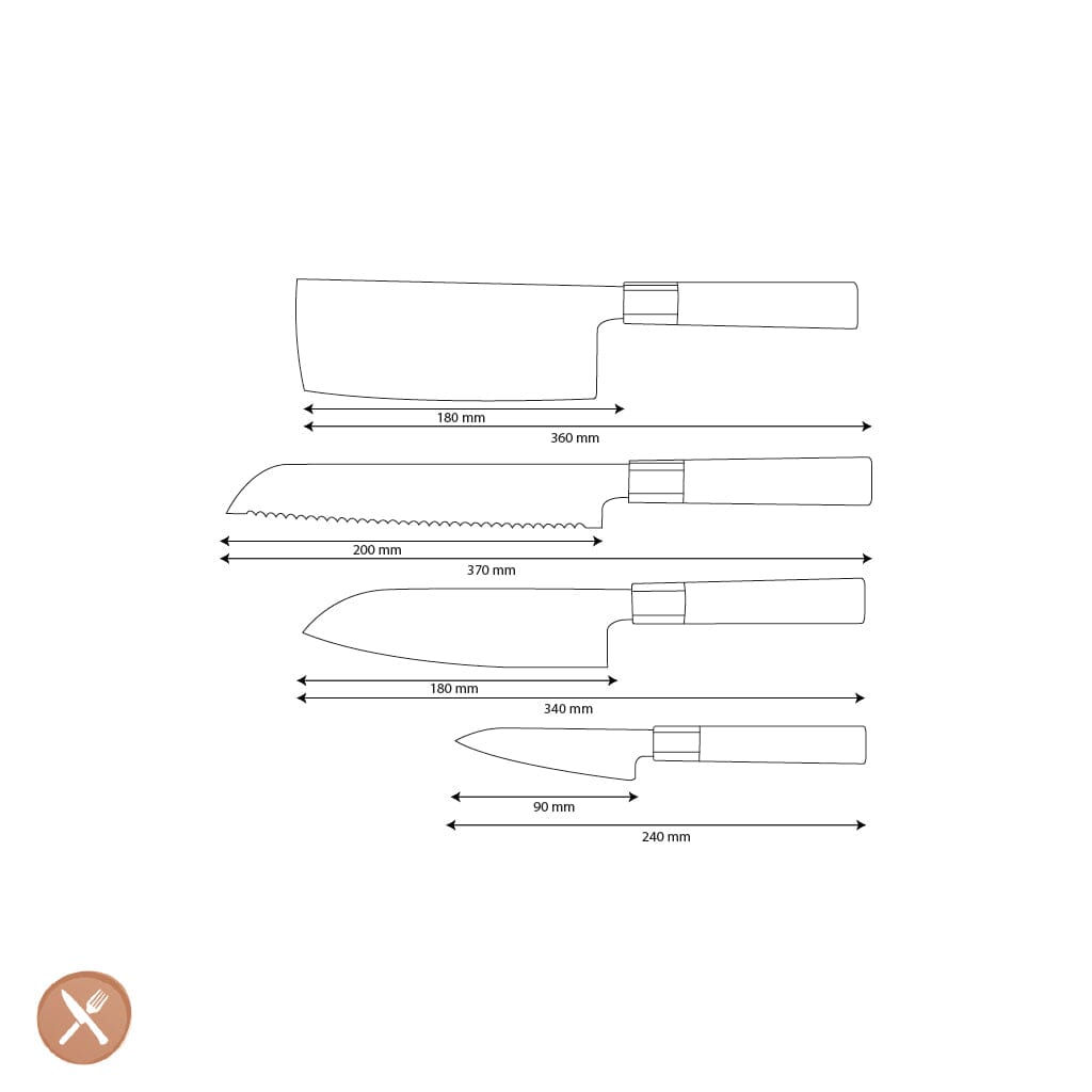 Couteaux Shinrai - Ensemble de couteaux Damas Kurayami 4 pièces - Santoku + Couteau à pain + Nakiri + Couteau d'office Ensemble de couteaux Couteaux Shinrai