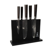 Shinrai Japan - Ensemble de couteaux 5 pièces Hammered Damask BR + bloc de couteaux magnétique double face - Noir