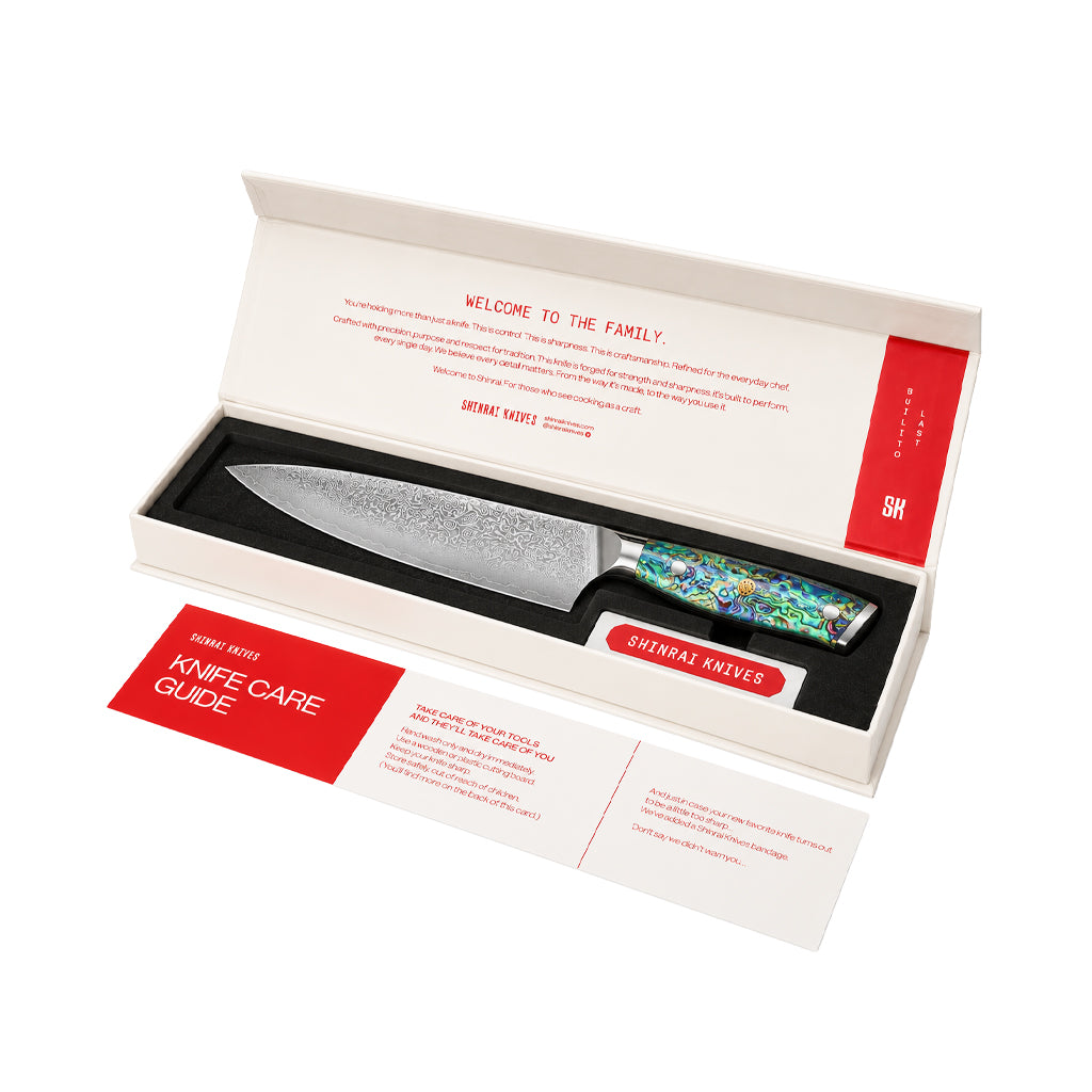 Shinrai Knives - Ensemble de 2 couteaux Damas en nacre - Couteau de chef + Couteau Santoku