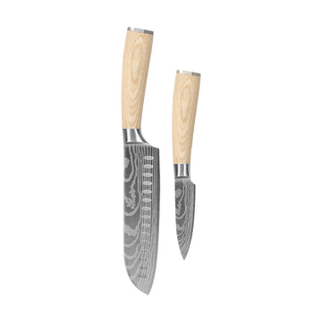 Couteaux Shinrai - Coffret 2 pièces Akari Damascus Print - Santoku + Couteau d'office