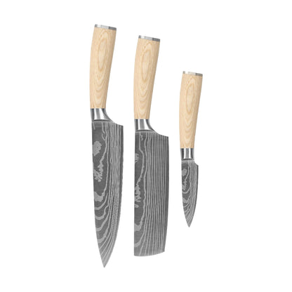 Couteaux Shinrai - Ensemble 3 pièces Akari Damascus Print - Couteau de chef + Nakiri + Couteau d'office