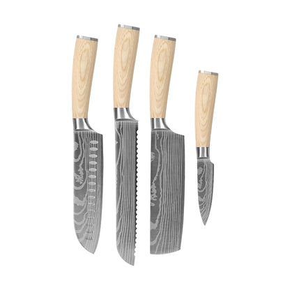 Couteaux Shinrai - Ensemble 4 pièces Akari Damascus Print - Santoku + Couteau à pain + Nakiri + Couteau d'office