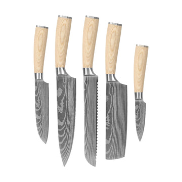 Couteaux Shinrai - Coffret 5 pièces Akari Damas - Couteau de chef + Couteau à pain + Nakiri + Petit Santoku + Couteau d'office
