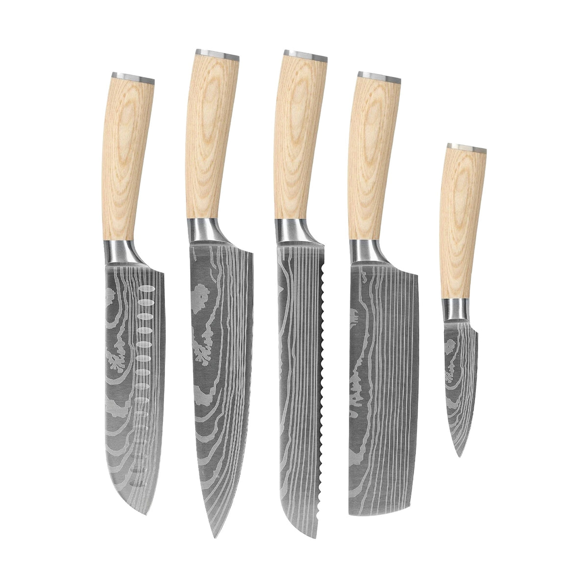 Couteaux Shinrai - Ensemble 5 pièces Akari Damascus Print - Couteau de chef + Couteau à pain + Nakiri + Santoku + Couteau d'office