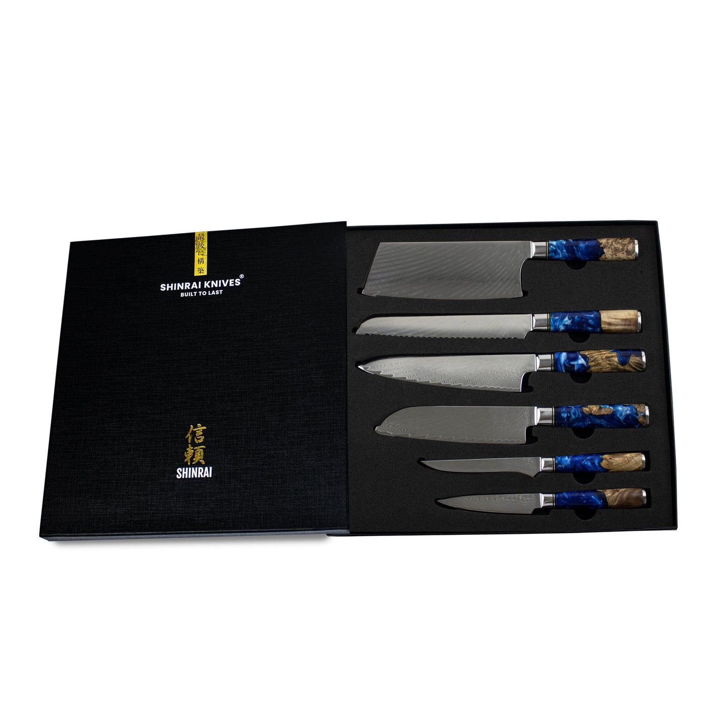 Epoxy Sapphire 6-delige Messenset + Magnetisch Messenblok Messenset met blok Shinrai Knives 