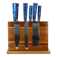 Coffret de 6 couteaux Shinrai en acier damassé saphir époxy + étui double face en acacia avec bloc