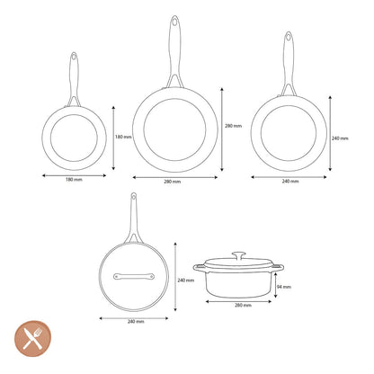 GreenPan - Geneva XL 6-delige Pannenset 18/24/24/28/28 cm - 2 koekenpannen + stoofpan met deksel + wokpan + braadpan Pannenset GreenPan 