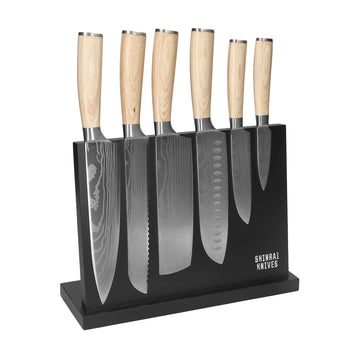 Couteaux Shinrai - Coffret de 6 couteaux Akari Damascus Print + Bloc magnétique simple face - Coffret de couteaux noirs avec bloc Shinrai