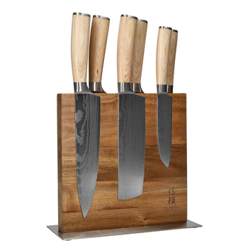 Couteaux Shinrai - Coffret de 6 couteaux Akari à motif damassé + bloc à couteaux Cito - Coffret de couteaux double face avec bloc - Couteaux Shinrai