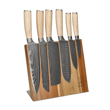 Couteaux Shinrai - Coffret de 6 couteaux Akari à motif damassé + bloc à couteaux Cito - Couteaux Shinrai à lame simple avec bloc