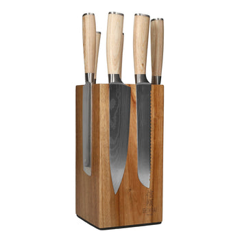 Couteaux Shinrai - Coffret de 6 couteaux Akari Damascus Print + Bloc à couteaux Robur avec bloc Shinrai