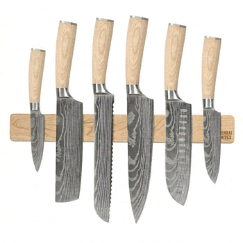Couteaux Shinrai - Coffret de 6 couteaux Akari Damascus Print + support mural magnétique - Coffret de couteaux en bois d'érable avec bloc Shinrai