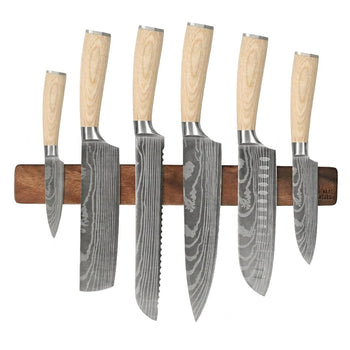 Couteaux Shinrai - Coffret de 6 couteaux Akari à motif damassé + support mural magnétique pour couteaux - Coffret de couteaux en bois de noyer avec bloc