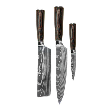 Shinrai Knives - Damascus Print 3-delige Messenset - Koksmes + Nakiri + Schilmes Messenset Shinrai Knives 