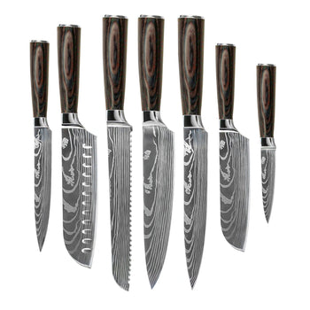 Couteaux Shinrai - Coffret complet Damas - Ensemble de couteaux complet avec bloc, planche à découper et pierre à aiguiser 