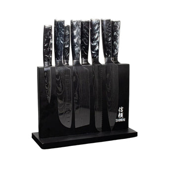 Couteaux Shinrai - Coffret de 9 couteaux en résine époxy onyx à motif damassé + bloc magnétique double face - Coffret de couteaux noirs avec bloc Shinrai