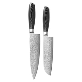 Shinrai Knives - Damast Pakka Wood 2-delige Messenset - Koksmes + Santoku mes Messenset Shinrai Knives 