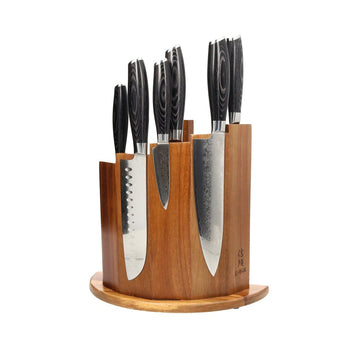 Couteaux Shinrai - Coffret de 6 couteaux en bois de Damas Pakka + bloc magnétique ; Couteaux Scalae - Coffret de couteaux en bois d'acacia avec bloc ; Couteaux Shinrai