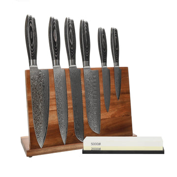 Shinrai Knives - Damast Pakka Wood 6-delige Messenset + Messenblok + Slijpsteen Messenset met blok en slijpsteen Shinrai Knives 