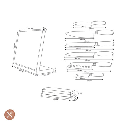 Shinrai Knives - Damast Pakka Wood 6-delige Messenset + Messenblok + Slijpsteen Messenset met blok en slijpsteen Shinrai Knives 