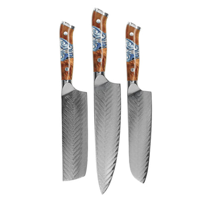 Shinrai Knives - Eclipse 3-delige Damascus Messenset - Koksmes + Nakiri + Santoku Messenset Shinrai Knives 
