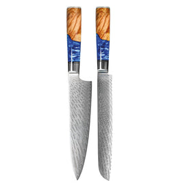 Shinrai Knives - Epoxy Sapphire 2-delige Damascus Messenset - Koksmes + Broodmes Messenset Shinrai Knives 