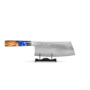 Couteaux Shinrai - Coffret de 3 couteaux damassés en époxy saphir - Couteau de chef + Nakiri + Santoku