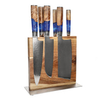 Couteaux Shinrai - Coffret de 6 couteaux en résine époxy saphir + Bloc de couteaux double face Cito avec bloc