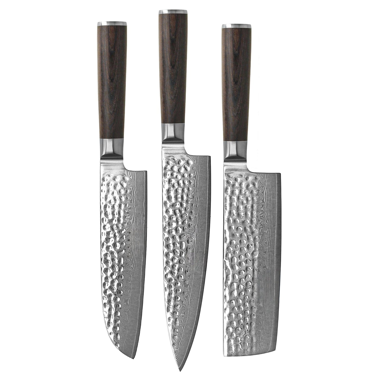 Shinrai Knives - Hammered Damast BR 3-delige Messenset - Koksmes + Nakiri + Santoku Messenset Shinrai Knives 