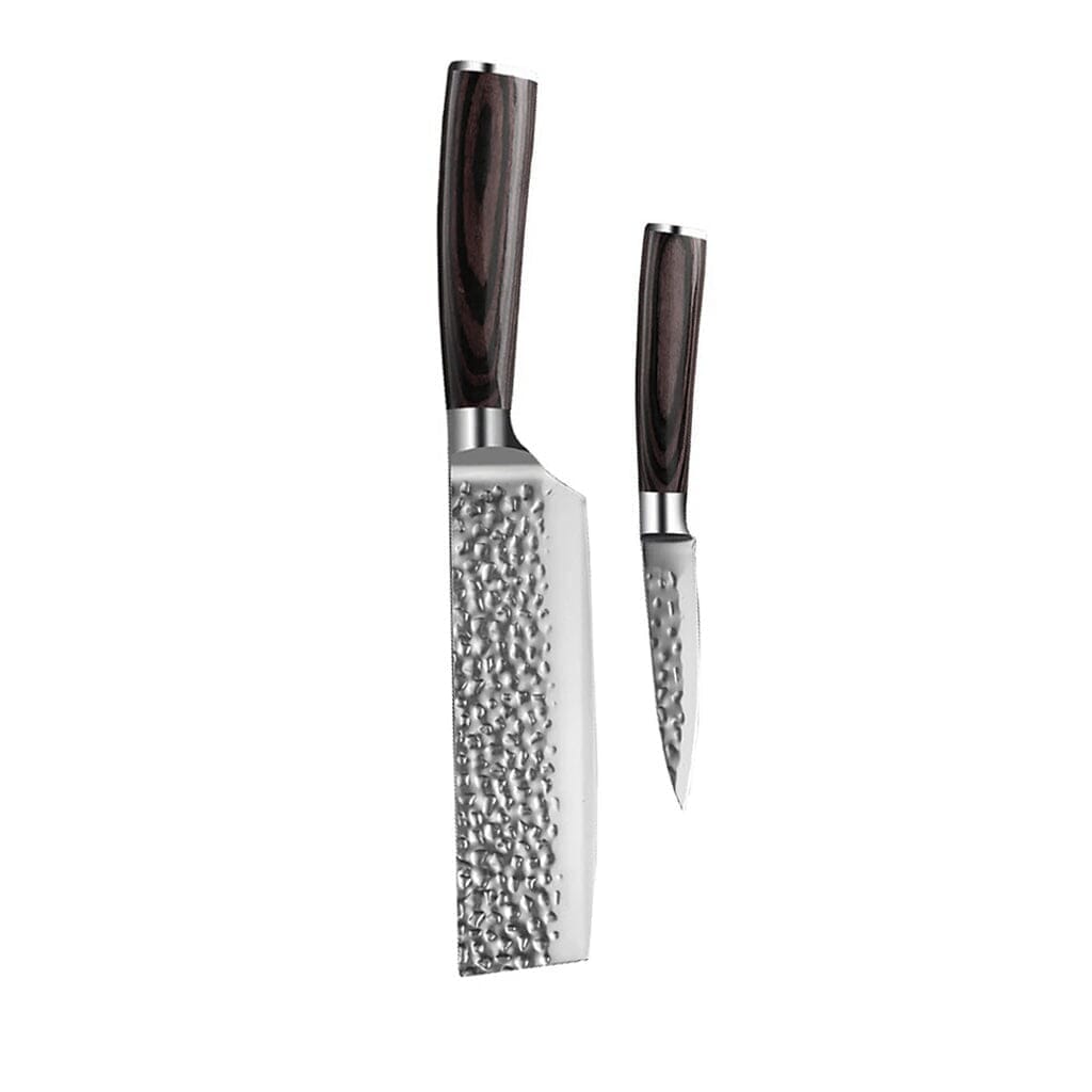 Couteaux Shinrai - Coffret de 2 couteaux en acier inoxydable martelé - Nakiri + Couteau d'office