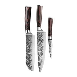 Shinrai Knives - Hammered RVS 3-delige Messenset - Koksmes + Santoku + Schilmes Messenset Shinrai Knives 