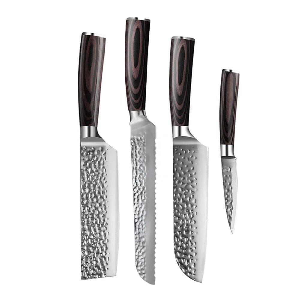 Couteaux Shinrai - Coffret de 4 couteaux en acier inoxydable martelé - Santoku + Couteau à pain + Nakiri + Couteau d'office