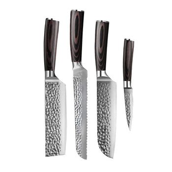 Couteaux Shinrai - Coffret de 4 couteaux en acier inoxydable martelé - Santoku + Couteau à pain + Nakiri + Couteau d'office