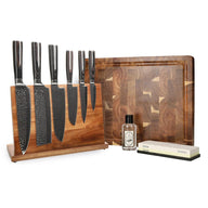 Couteaux Shinrai - Coffret complet en acier inoxydable martelé - Ensemble de couteaux complet avec bloc, planche à découper et pierre à aiguiser 