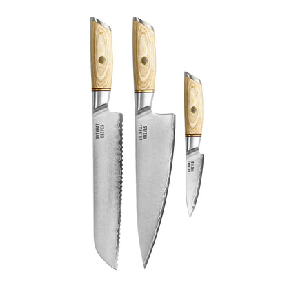 Couteaux Shinrai - Coffret 3 pièces Hikari Damas - Couteau de chef + Couteau à pain + Couteau d'office