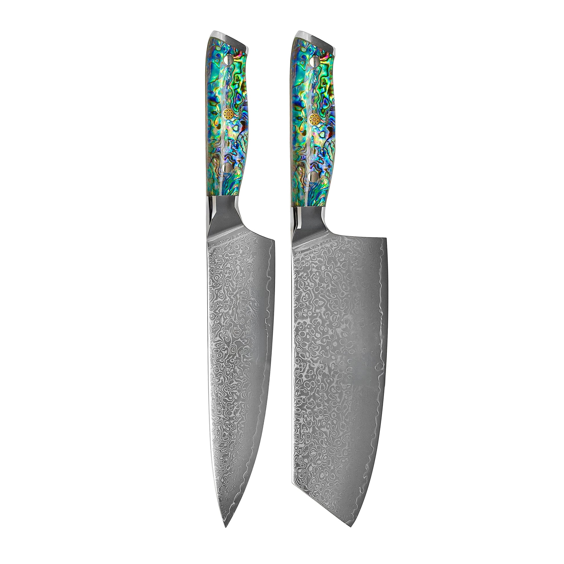 Couteaux Shinrai - Coffret de 2 couteaux damas « Bijoux en nacre » - Couteau de chef + couteau Nakiri