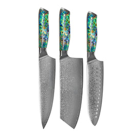 Shinrai Knives - Parelmoer Jewels 3-delige Damascus Messenset - Koksmes + Nakiri + Santoku Messenset Shinrai Knives 