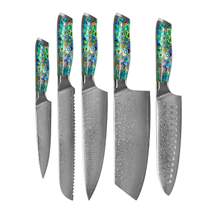 Shinrai Knives - Parelmoer Jewels 5-delige Messenset + Messenblok Stans Messenset met blok Shinrai Knives 