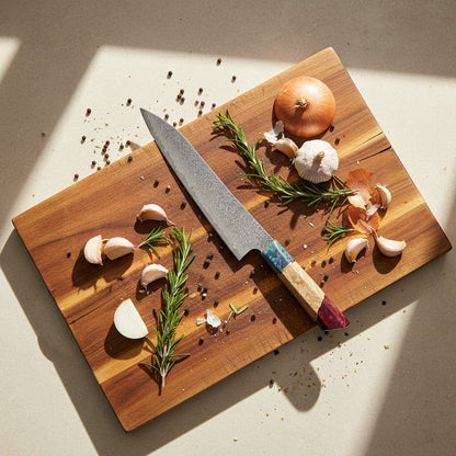 Couteau de chef Shinrai Knives - Couteau de chef Damas en acier damassé à décor époxy rubis 23 cm - Édition spéciale